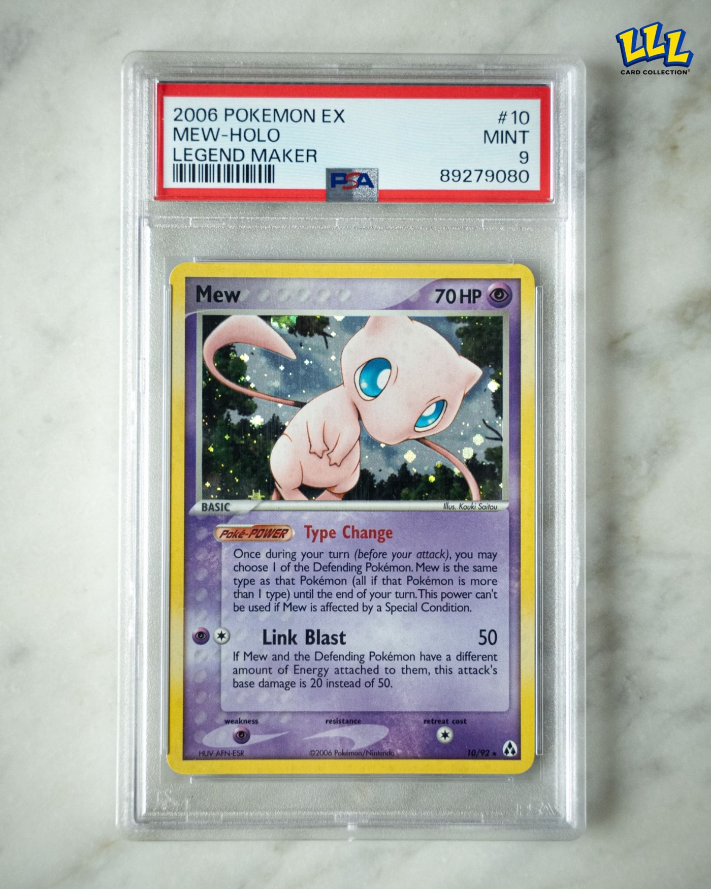 Mew EX Legend Maker 10/92 holo in a PSA 9 slab