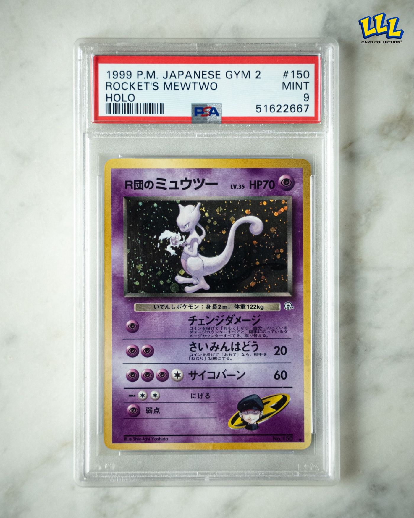 Rocket’s Mewtwo Japanese Gym 2 holo in a PSA 9 slab